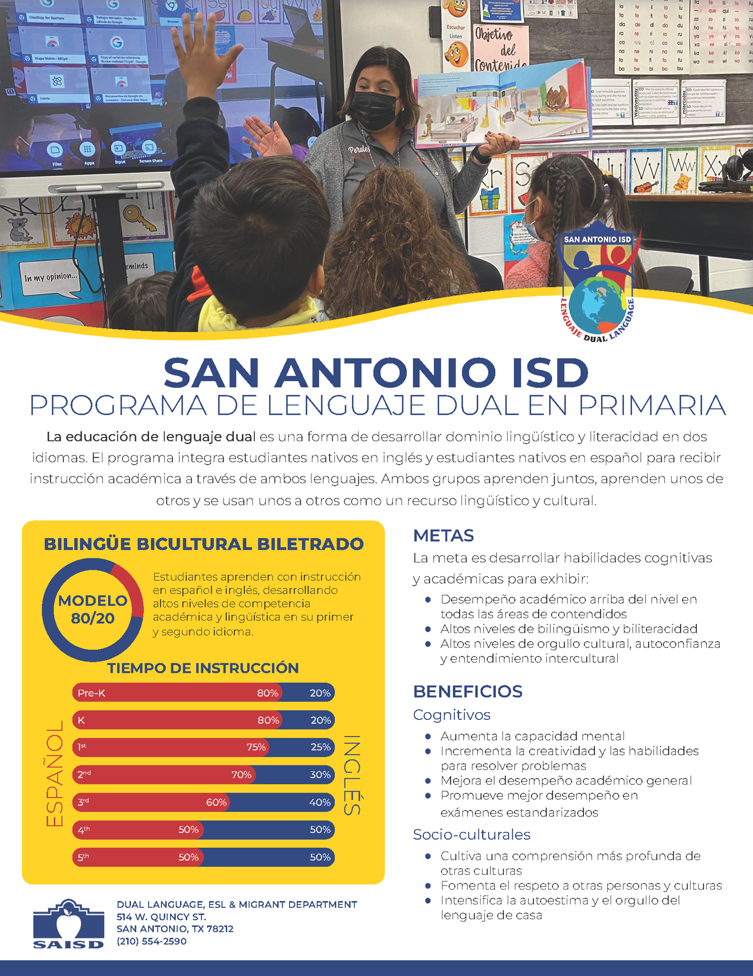 Elementary Dual Language program flyer explaining the benefits of participating in a dual language program.